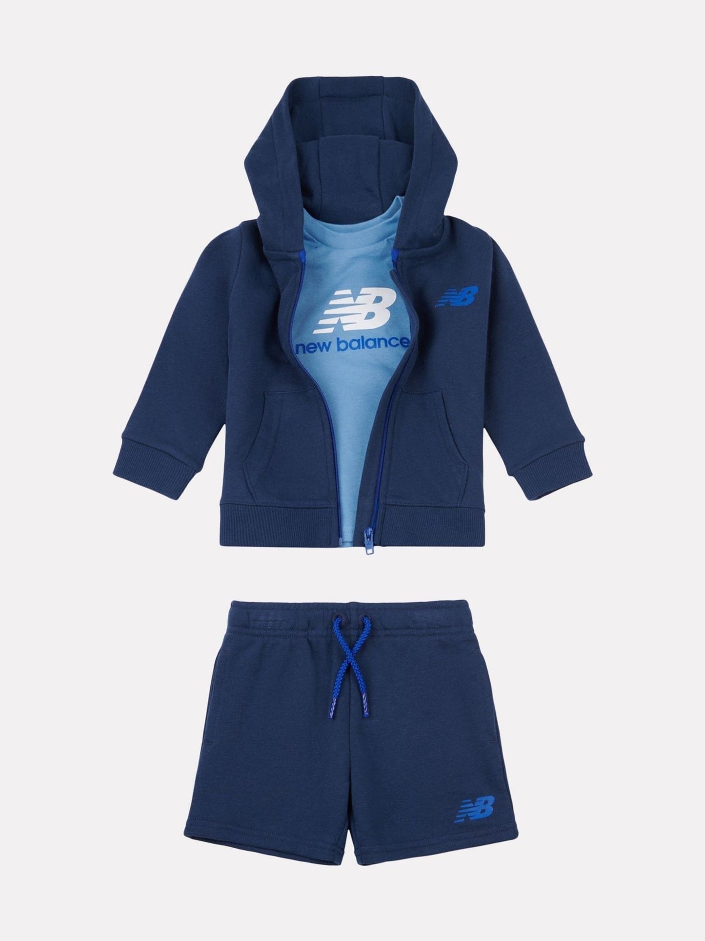 New Balance Navy Kids Zip Thru Hoodie 100% Cotton T-Shirt & Shorts Set image 1