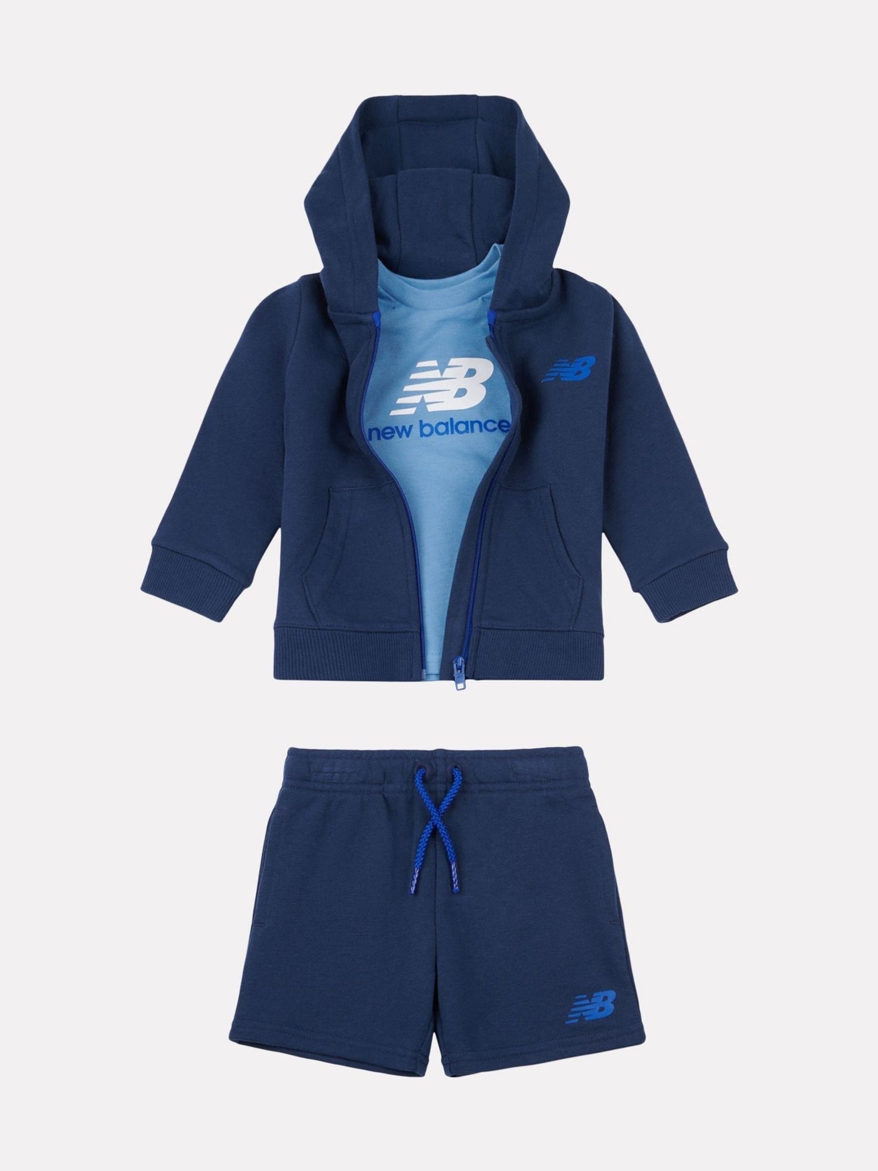 New Balance Navy Kids Zip Thru Hoodie 100% Cotton T-Shirt & Shorts Set image 1