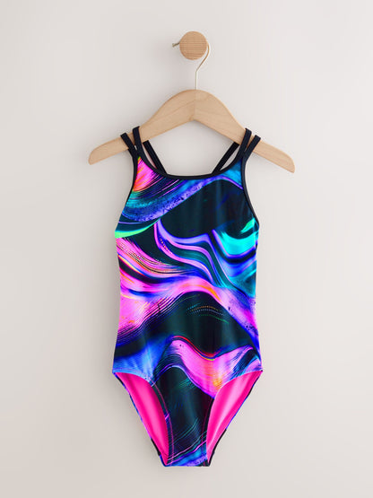Black/Pink/Purple Swirl Double Strap Swimsuit (3-16yrs) image 5