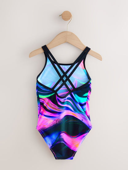 Black/Pink/Purple Swirl Double Strap Swimsuit (3-16yrs) image 6