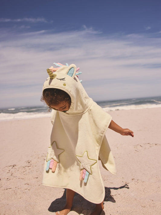Ecru White Unicorn Towelling Poncho (9mths-10yrs) image 1