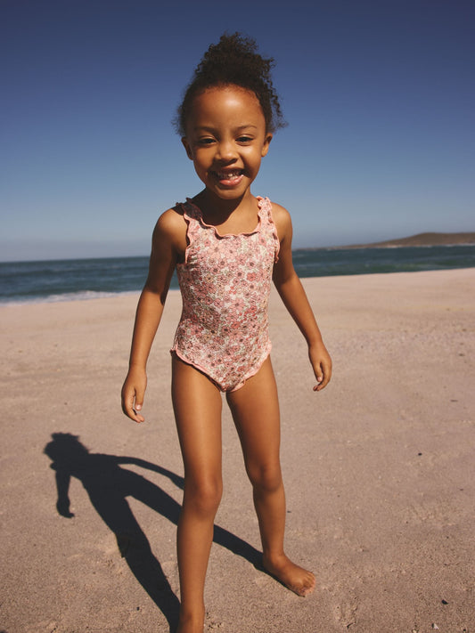 Dsiney Kidz - Coral Pink Ditsy Floral Lettuce Edge Swimsuit (3mths-7yrs) image 2