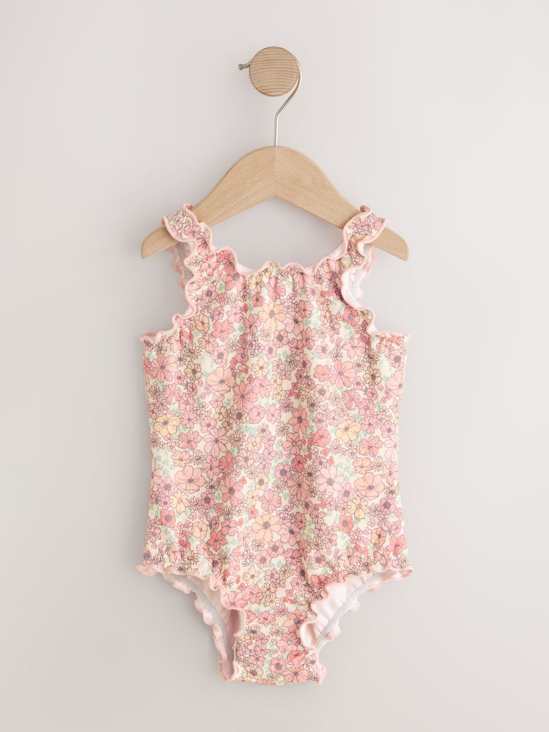 Coral Pink Ditsy Floral Lettuce Edge Swimsuit (3mths-7yrs) image 5