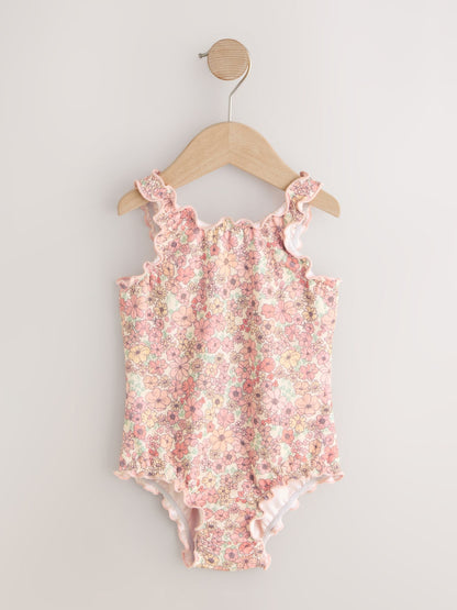 Coral Pink Ditsy Floral Lettuce Edge Swimsuit (3mths-7yrs) image 5