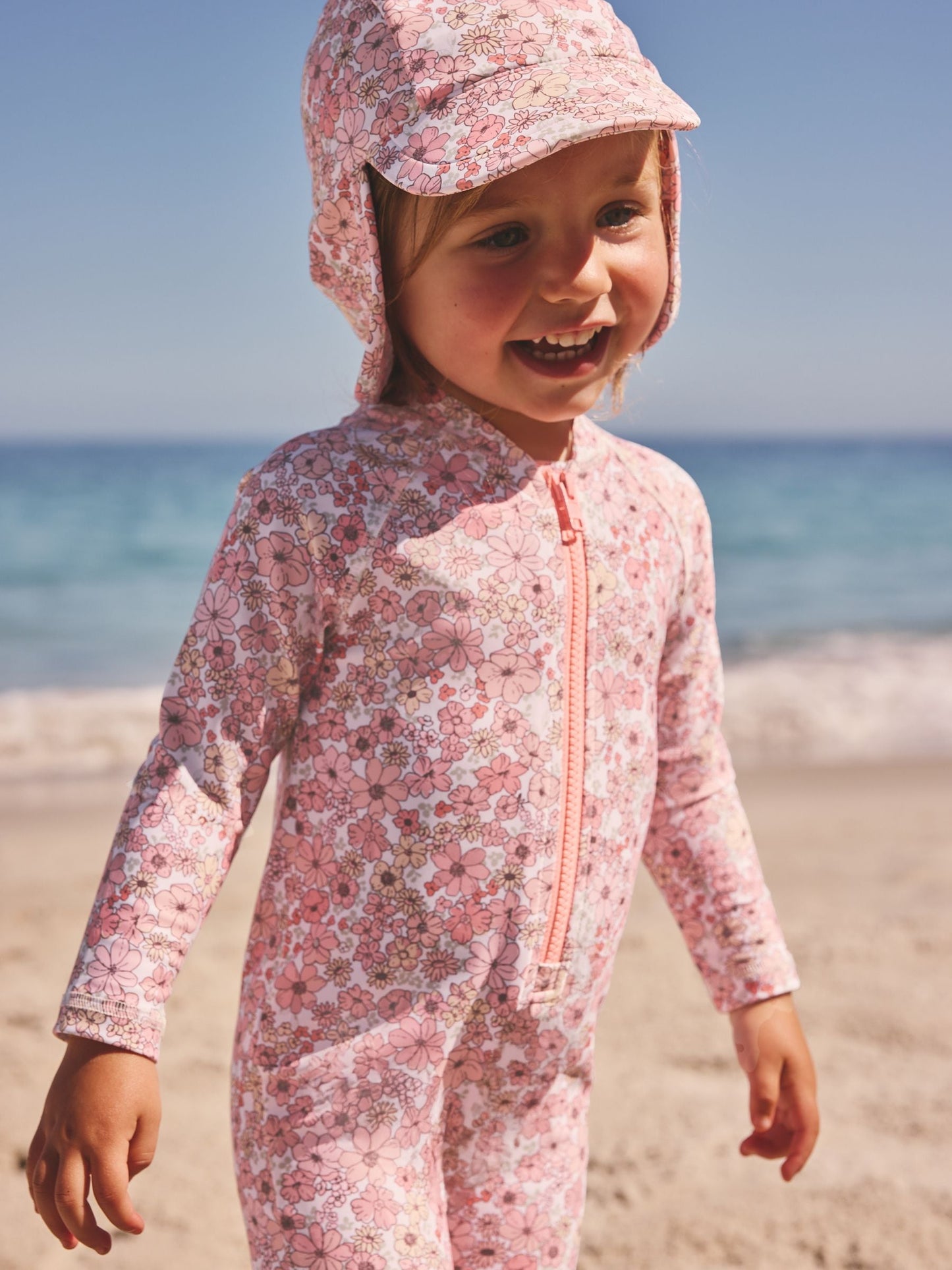 Coral Pink Ditsy Floral Print Swim Legionnaire Hat (3mths-10yrs) image 1