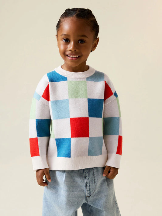 Bright Checkerboard Knitted Crew Neck Jumper (3mths-7yrs)