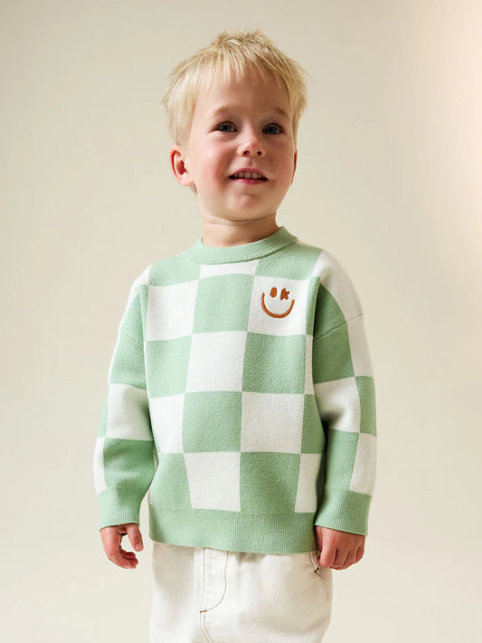 Green Checkerboard Knitted Crew Neck Jumper (3mths-7yrs)
