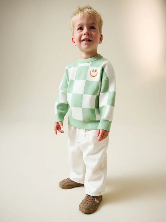 Green Checkerboard Knitted Crew Neck Jumper (3mths-7yrs)
