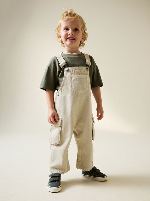 Ecru Twill Woven Cotton Cargo Dungarees (3mths-7yrs) image 1