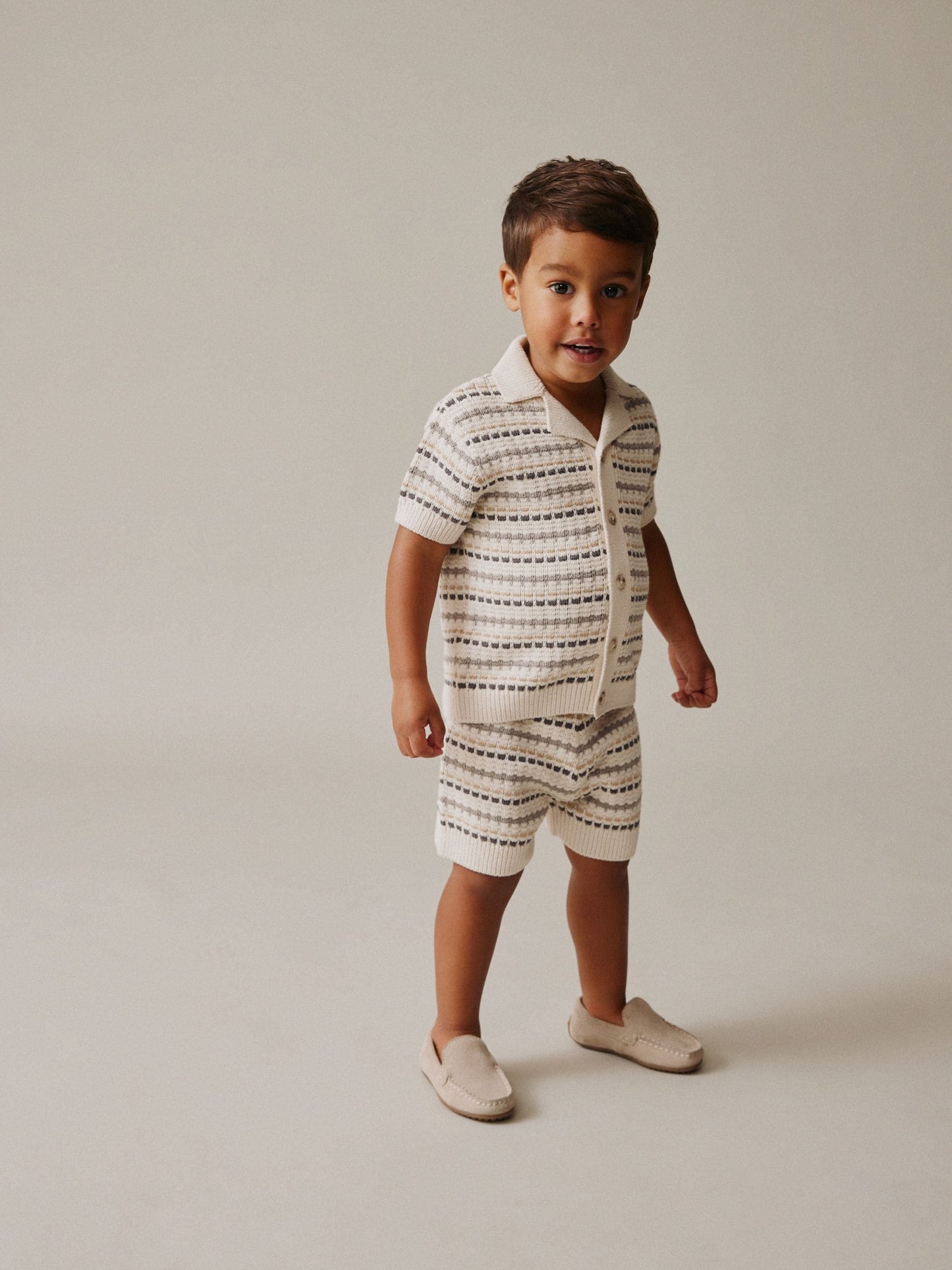 Neutral Textured Revere Collar Knitted Polo Shirt and Shorts Set (3mths-10yrs) image 1