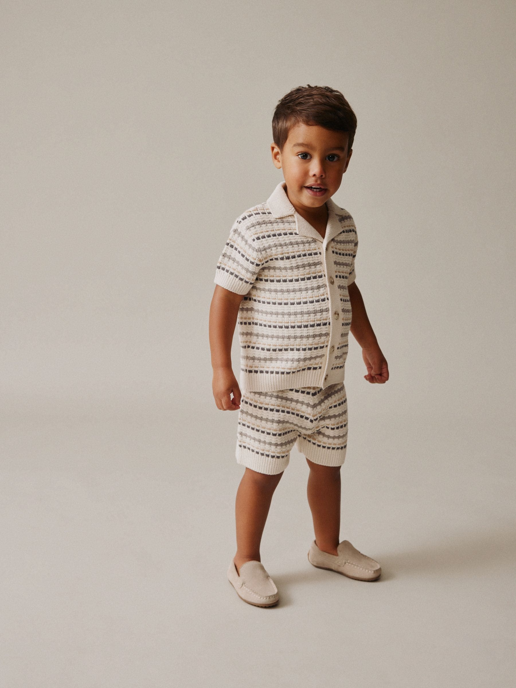 Neutral Textured Revere Collar Knitted Polo Shirt and Shorts Set (3mths-10yrs) image 1