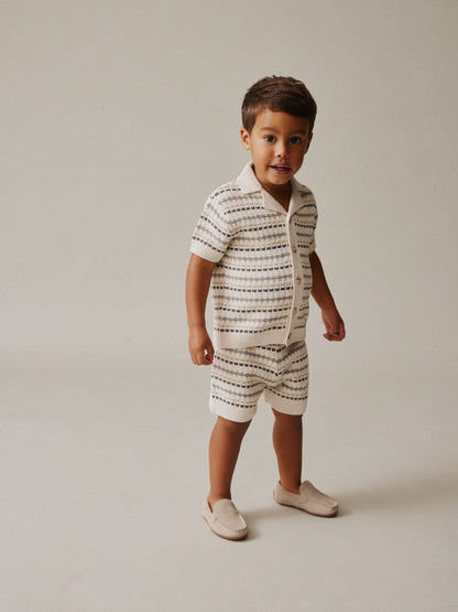Neutral Textured Revere Collar Knitted Polo Shirt and Shorts Set (3mths-10yrs) image 1