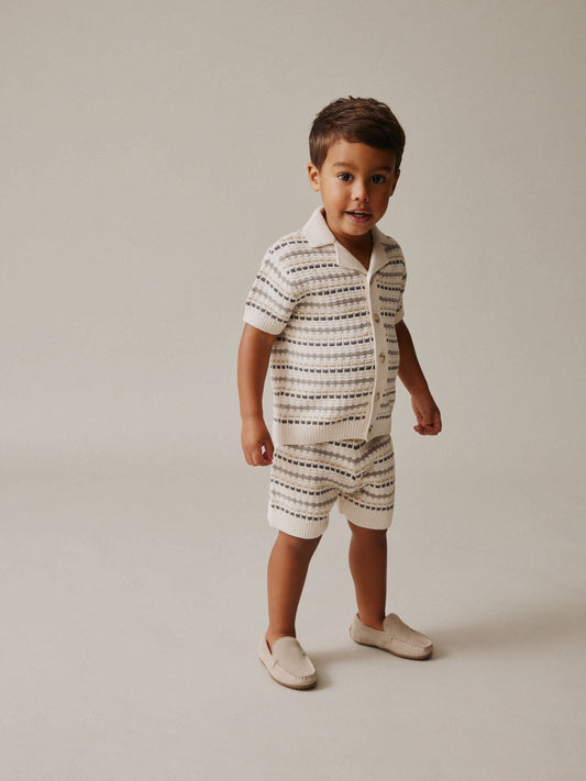 Neutral Textured Revere Collar Knitted Polo Shirt and Shorts Set (3mths-10yrs) image 1
