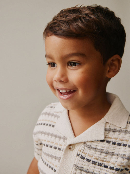 Neutral Textured Revere Collar Knitted Polo Shirt and Shorts Set (3mths-10yrs) image 3