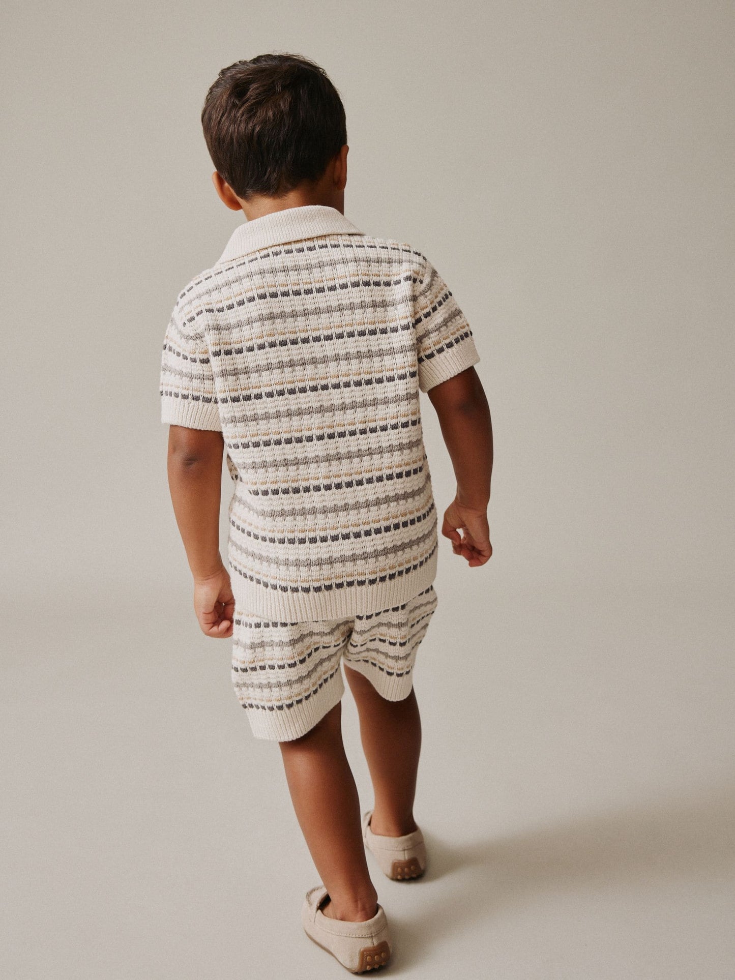 Neutral Textured Revere Collar Knitted Polo Shirt and Shorts Set (3mths-10yrs) image 3