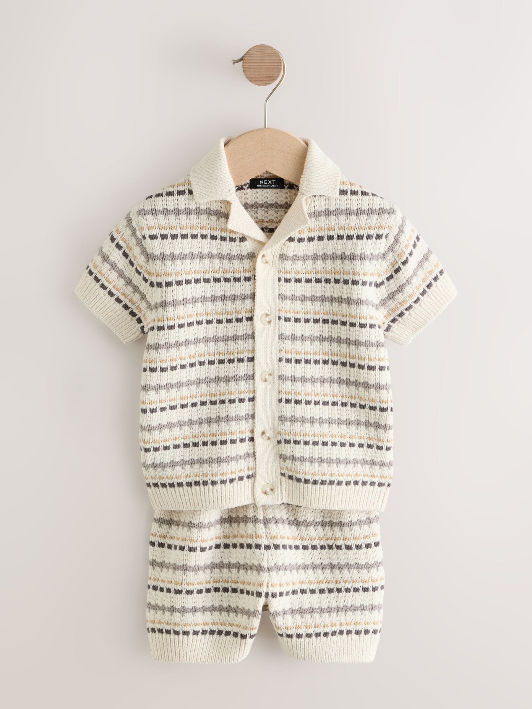 Neutral Textured Revere Collar Knitted Polo Shirt and Shorts Set (3mths-10yrs) image 4