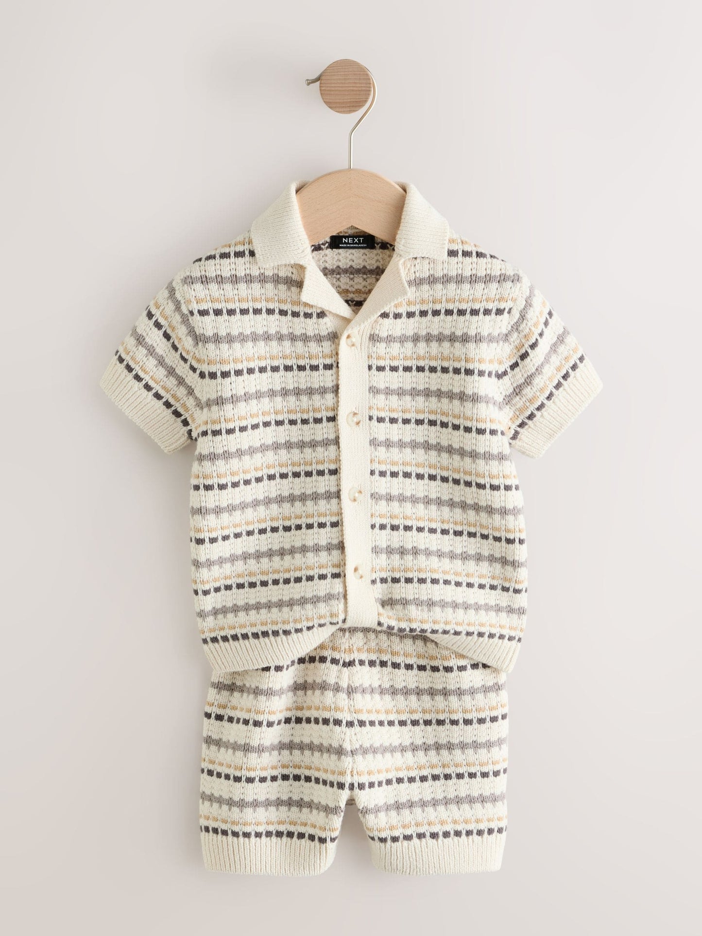 Neutral Textured Revere Collar Knitted Polo Shirt and Shorts Set (3mths-10yrs) image 5