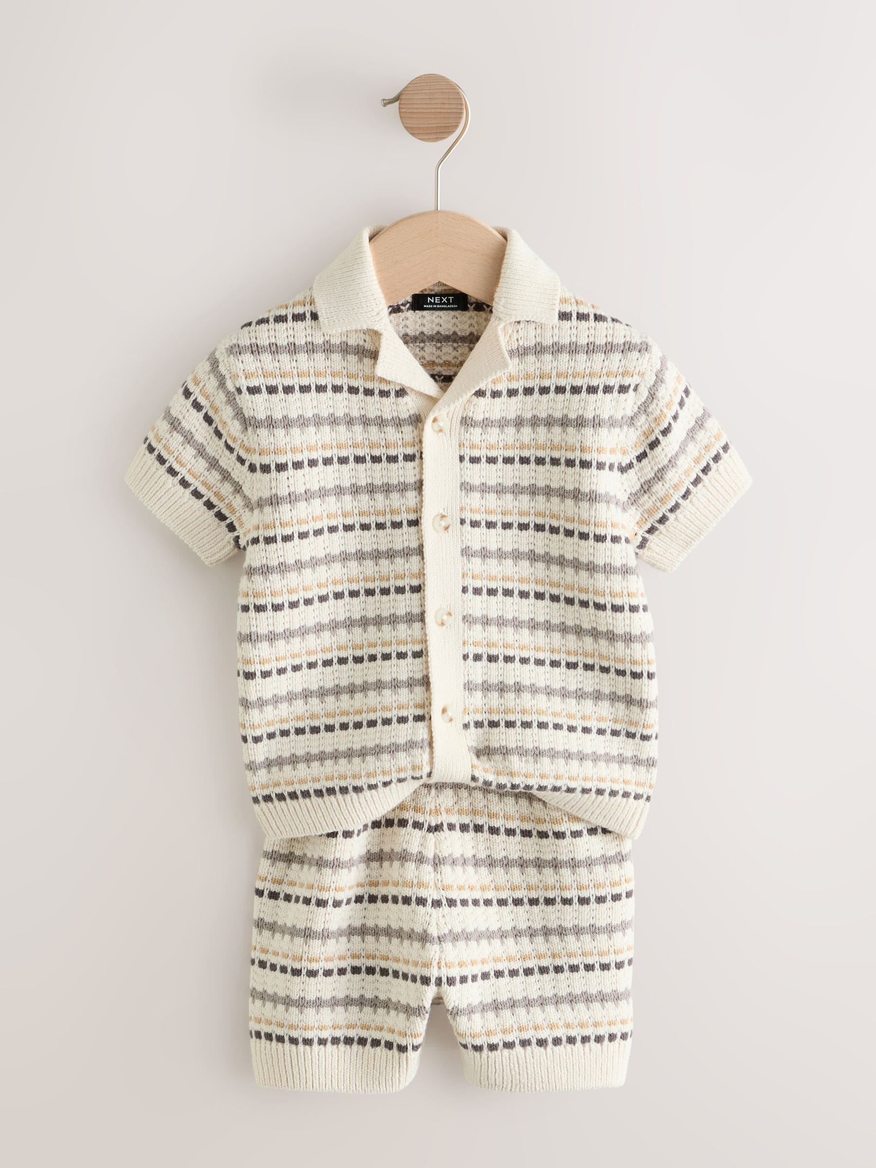 Neutral Textured Revere Collar Knitted Polo Shirt and Shorts Set (3mths-10yrs) image 5