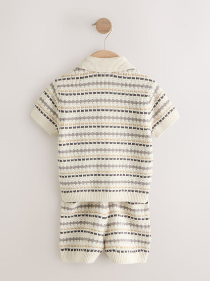 Neutral Textured Revere Collar Knitted Polo Shirt and Shorts Set (3mths-10yrs) image 6