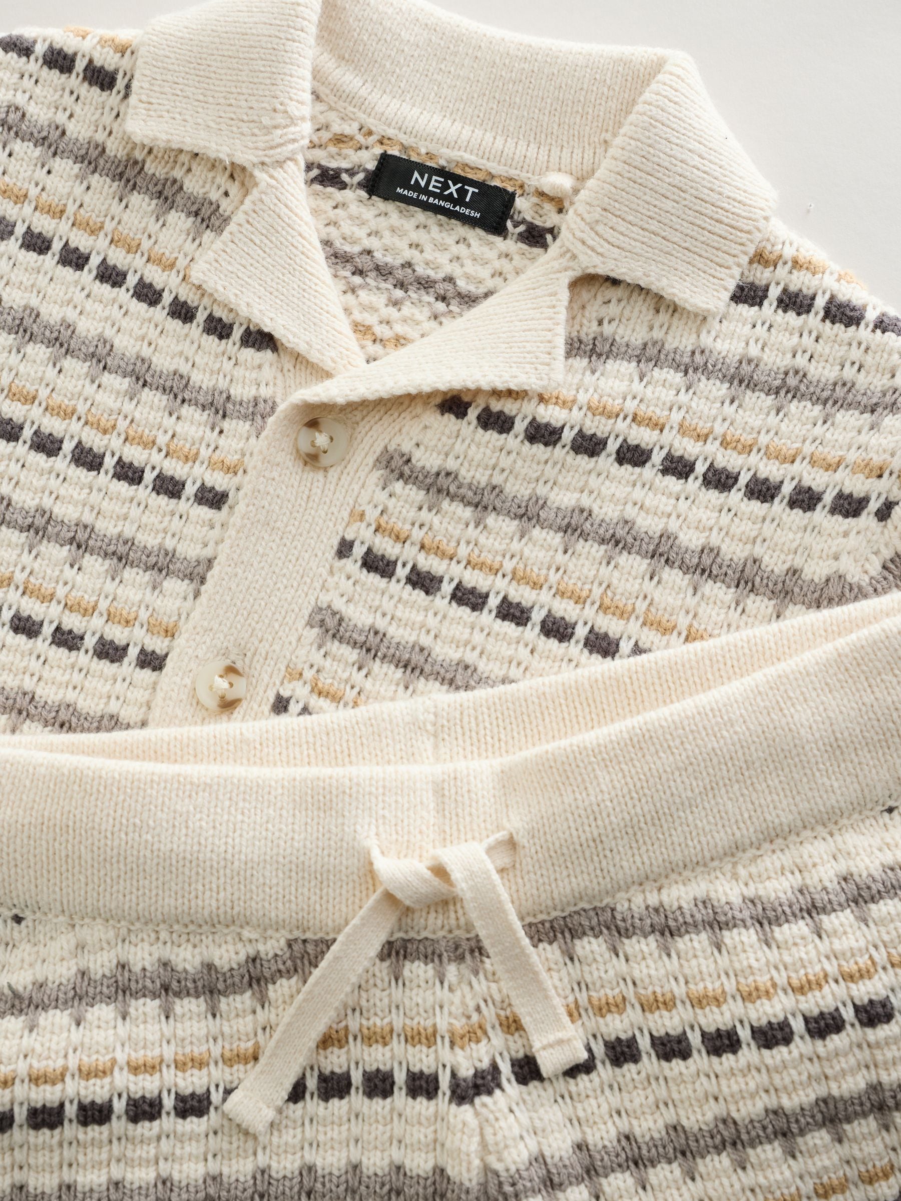 Neutral Textured Revere Collar Knitted Polo Shirt and Shorts Set (3mths-10yrs) image 7
