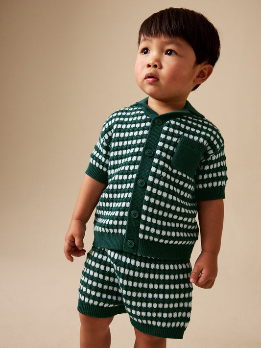 Green Textured Knitted Polo Shirt and Shorts Set (3mths-10yrs) image 1