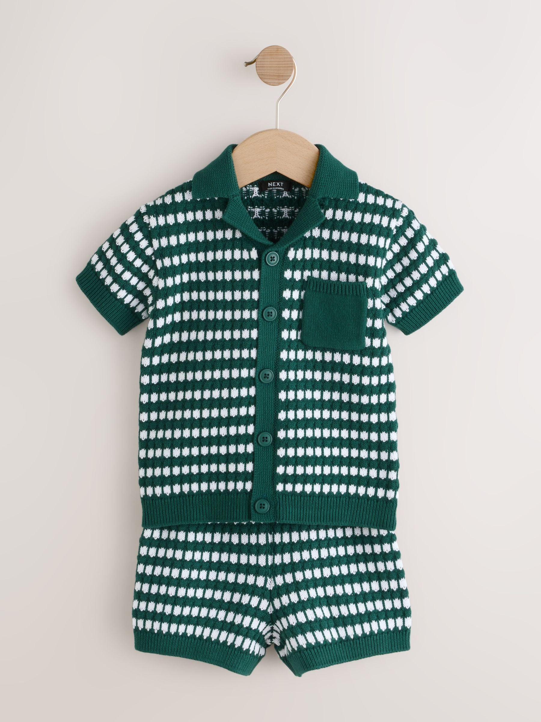 Green Textured Knitted Polo Shirt and Shorts Set (3mths-10yrs) image 5