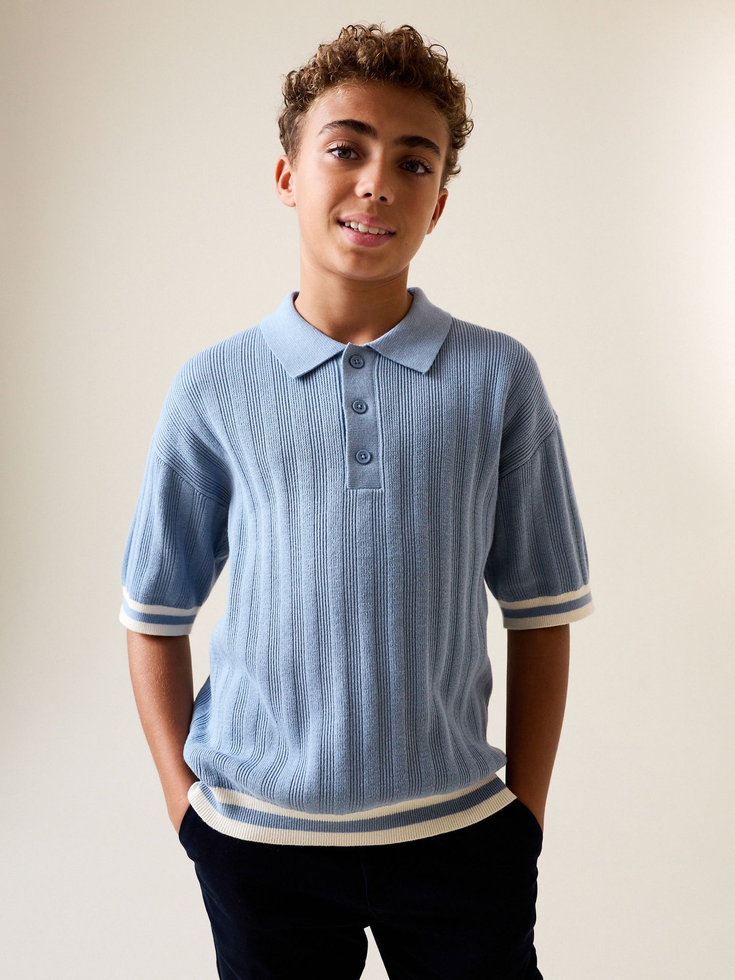 Dsiney Kidz - Blue Button Neck Knitted Polo Shirt (3-16yrs) image 1