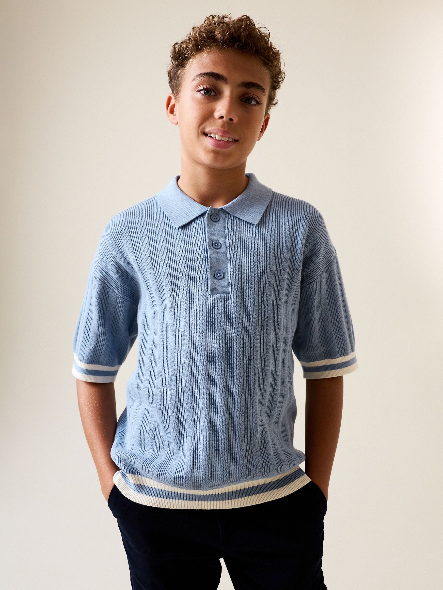 Dsiney Kidz - Blue Button Neck Knitted Polo Shirt (3-16yrs) image 1