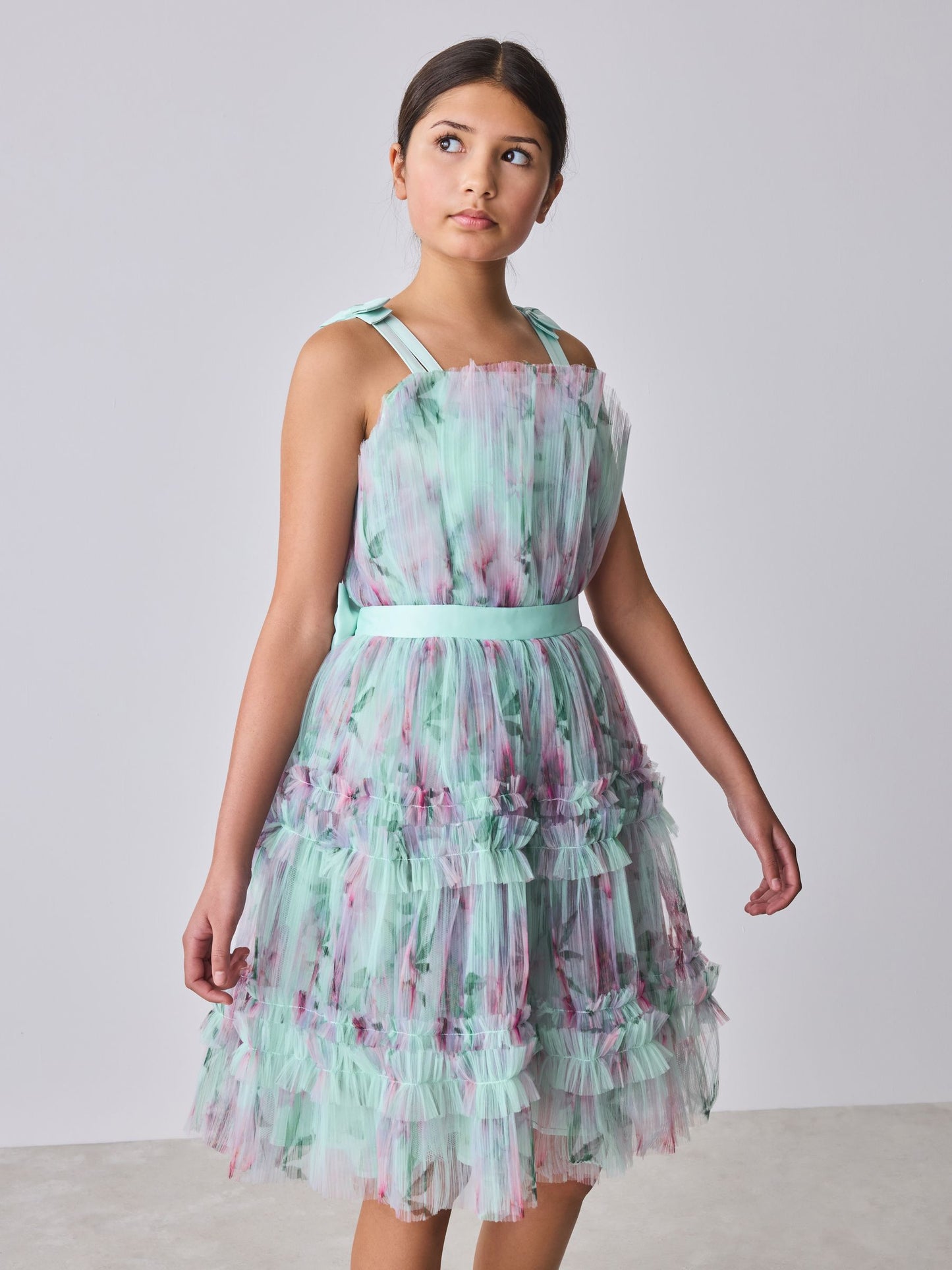 Baker by Ted Baker Mint Green Crinkle Mesh Tiered Bow Back Dress image 3