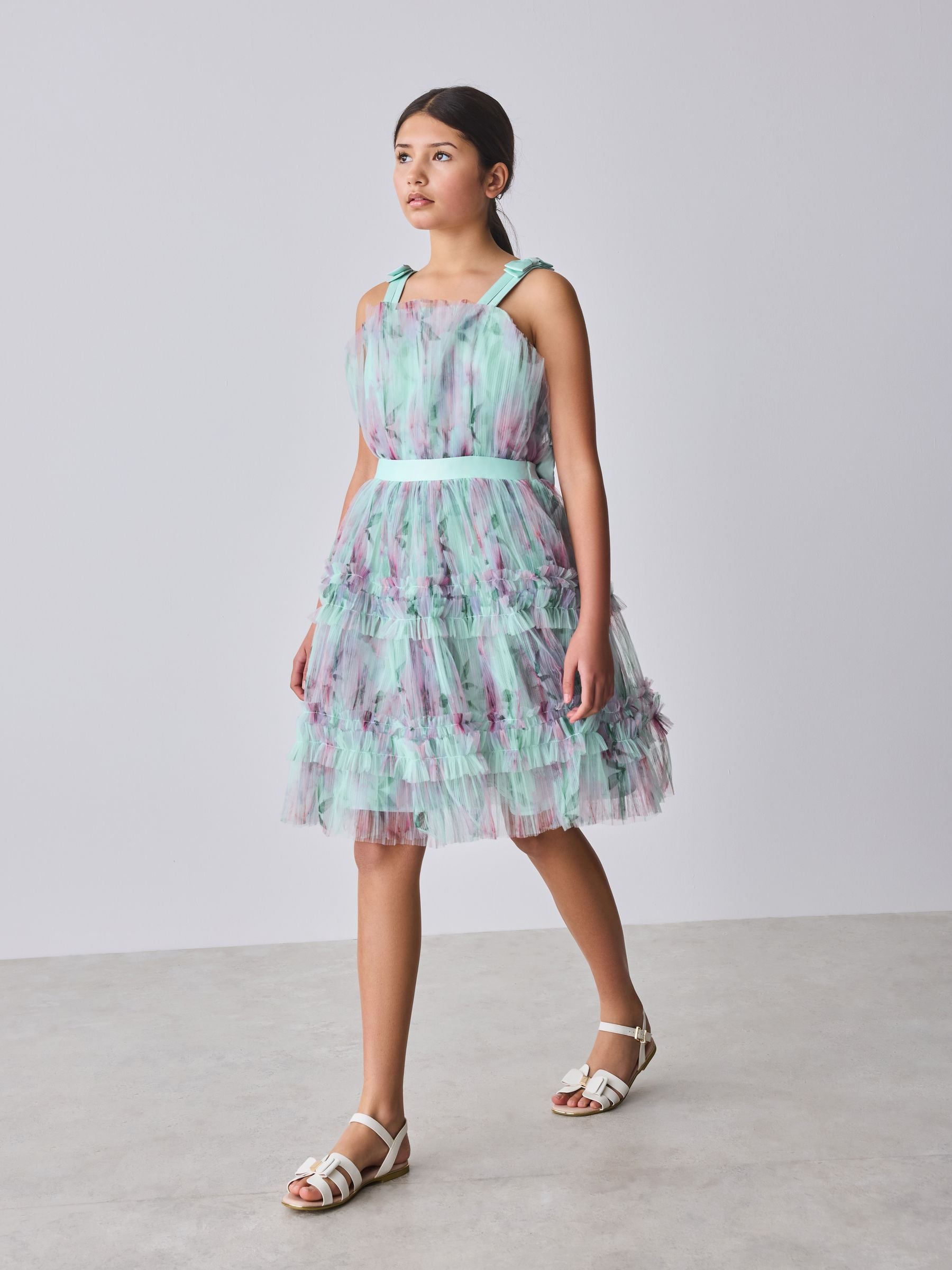 Baker by Ted Baker Mint Green Crinkle Mesh Tiered Bow Back Dress image 4