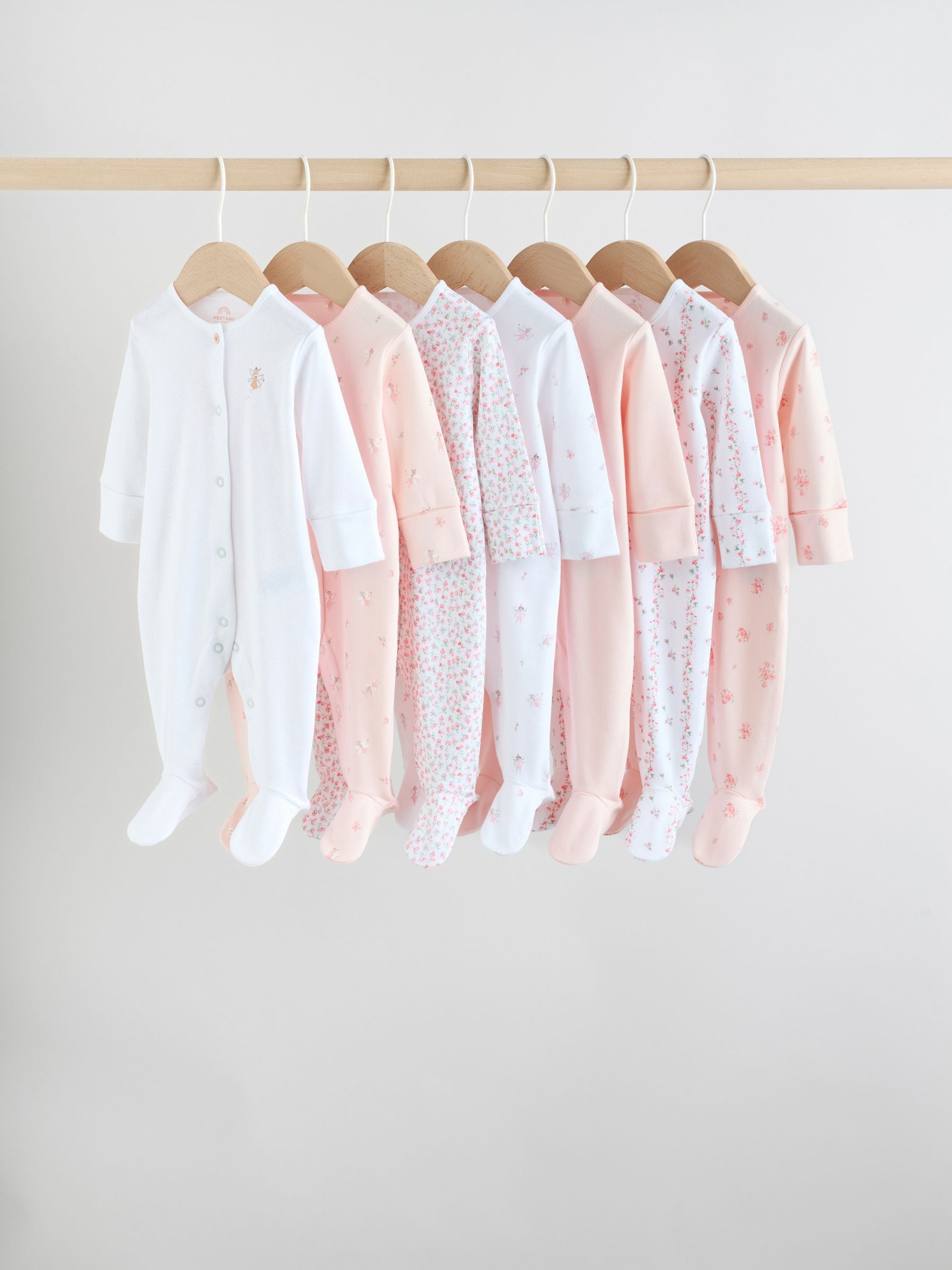White/Pink 7 Pack Baby Sleepsuit (0-2yrs) image 1