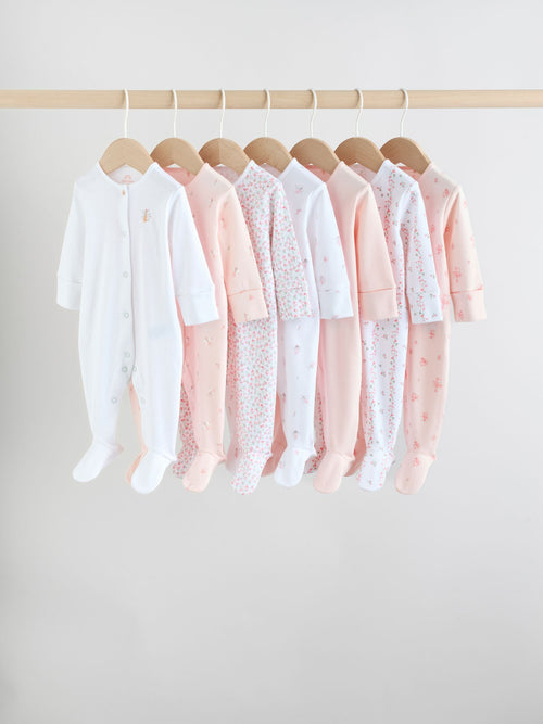 White/Pink 7 Pack Baby Sleepsuit (0-2yrs) image 1