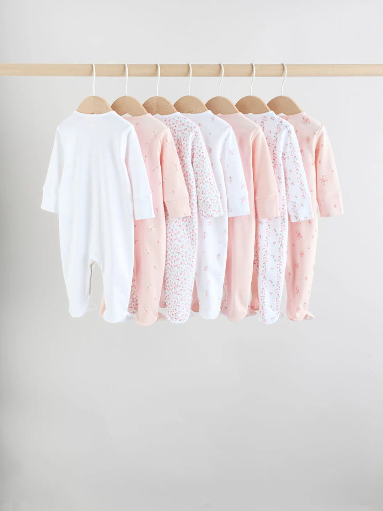White/Pink 7 Pack Baby Sleepsuit (0-2yrs)