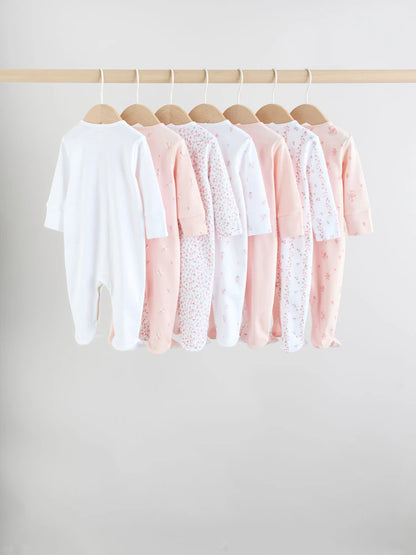 White/Pink 7 Pack Baby Sleepsuit (0-2yrs)