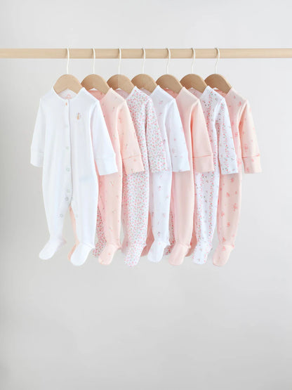 White/Pink 7 Pack Baby Sleepsuit (0-2yrs)