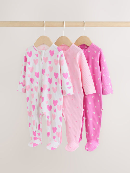Pink 3 Pack Two Way Zip Baby Sleepsuits (0-2yrs) image 1