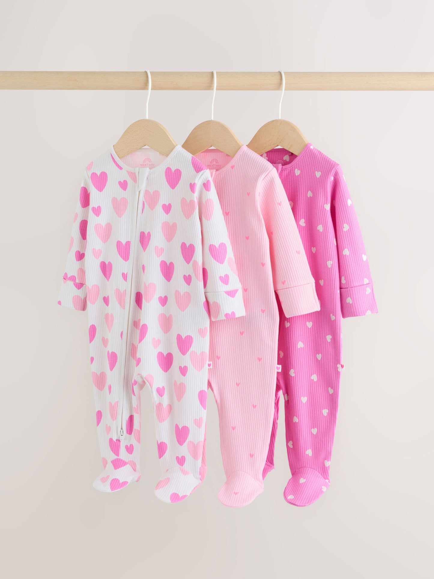 Pink 3 Pack Two Way Zip Baby Sleepsuits (0-2yrs) image 1