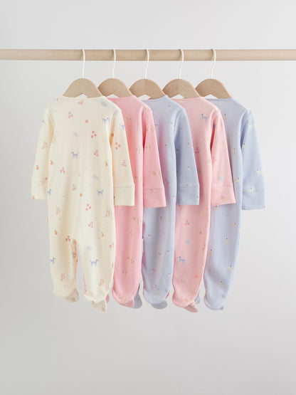 Multi Pastel Character Two Way Zip Baby Sleepsuits 5 Pack (0-2yrs) image 2