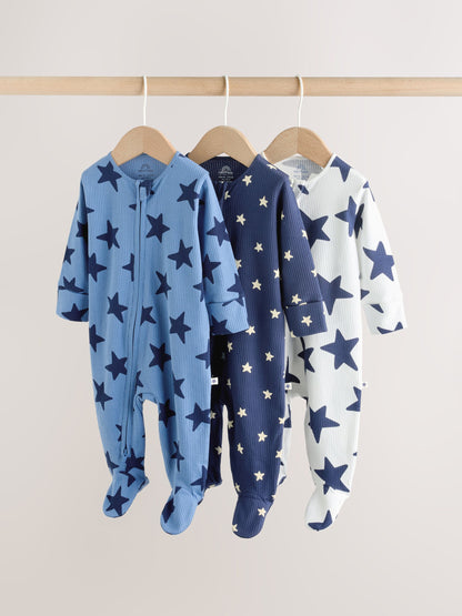 Navy Star Two Way Zip Baby Sleepsuits 3 Pack (0-2yrs) image 1
