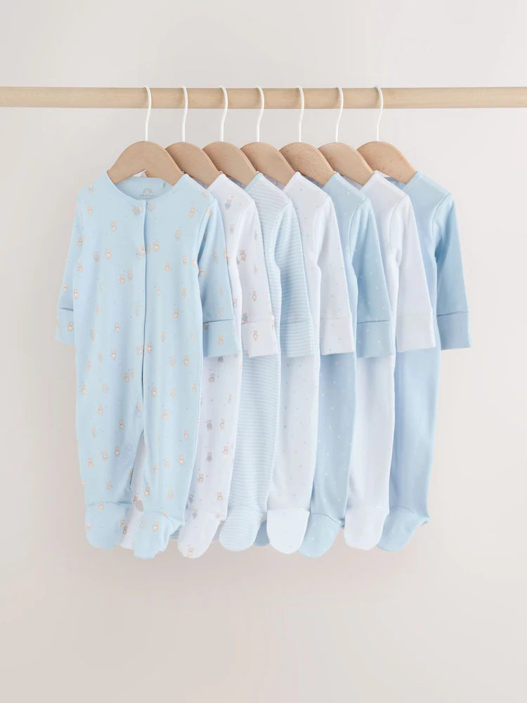 Blue 7 Pack Baby Bear Sleepsuit (0-2yrs)
