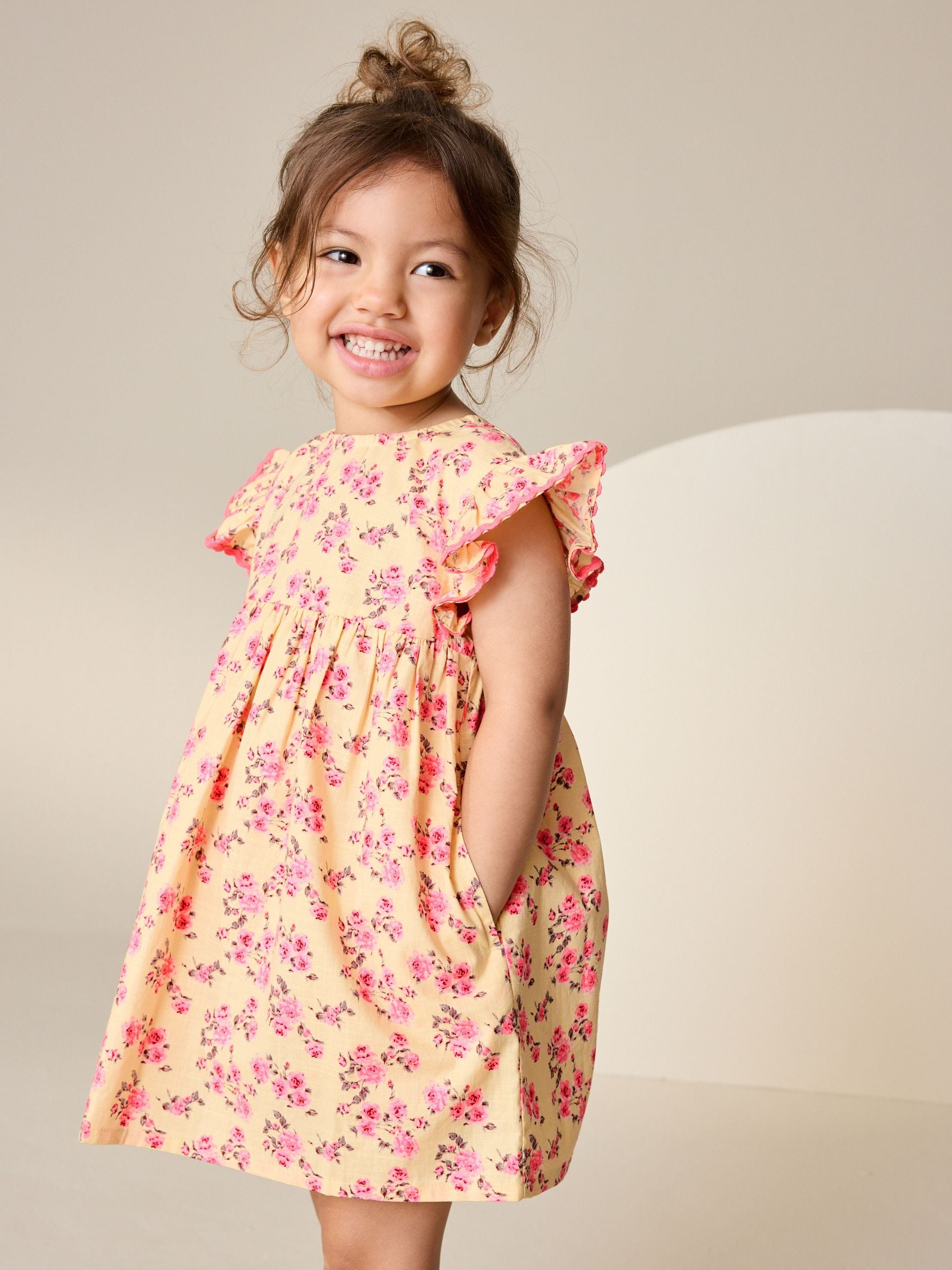 Yellow Ditsy Ric Rac Frill Sleeve Dress (3mths-8yrs) image 1