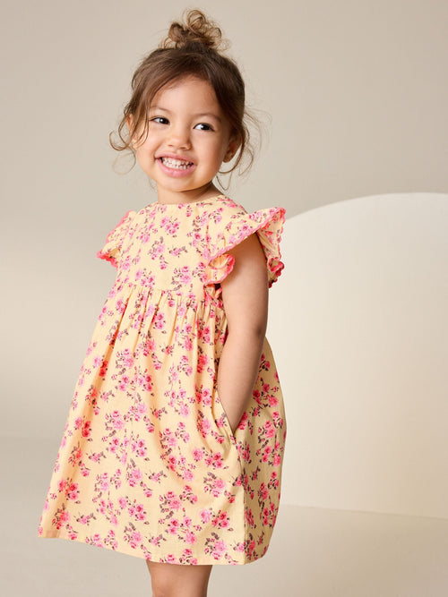 Yellow Ditsy Ric Rac Frill Sleeve Dress (3mths-8yrs) image 1