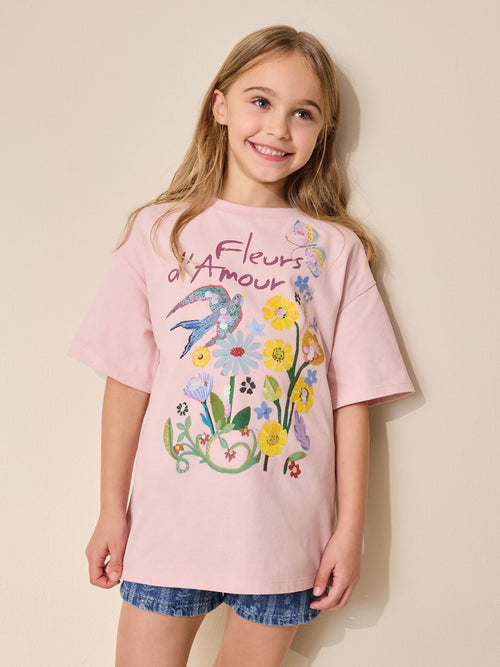 Dsiney Kidz - Pink Floral Sequin Graphic T-Shirt (3-16yrs) image 1