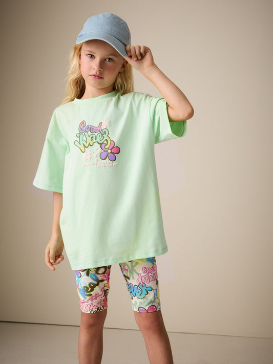 Dsiney Kidz - Green Graffiti T-Shirt and Cycling Shorts Set (3-16yrs) image 1
