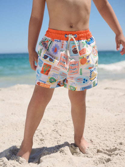 White Postcard Printed Swim Shorts (3mths-7yrs) image 1