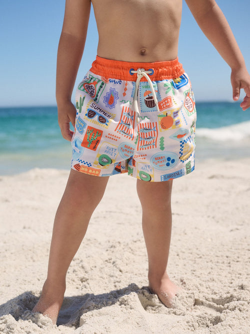 White Postcard Printed Swim Shorts (3mths-7yrs) image 1
