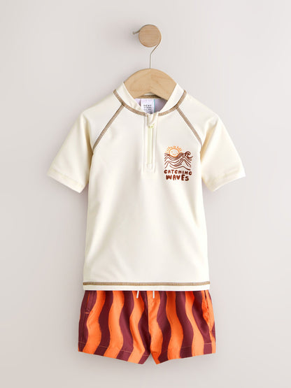 Orange/Ecru Short Sleeve Sunsafe Rash Vest and Swim Shorts Set (3mths-7yrs) image 6
