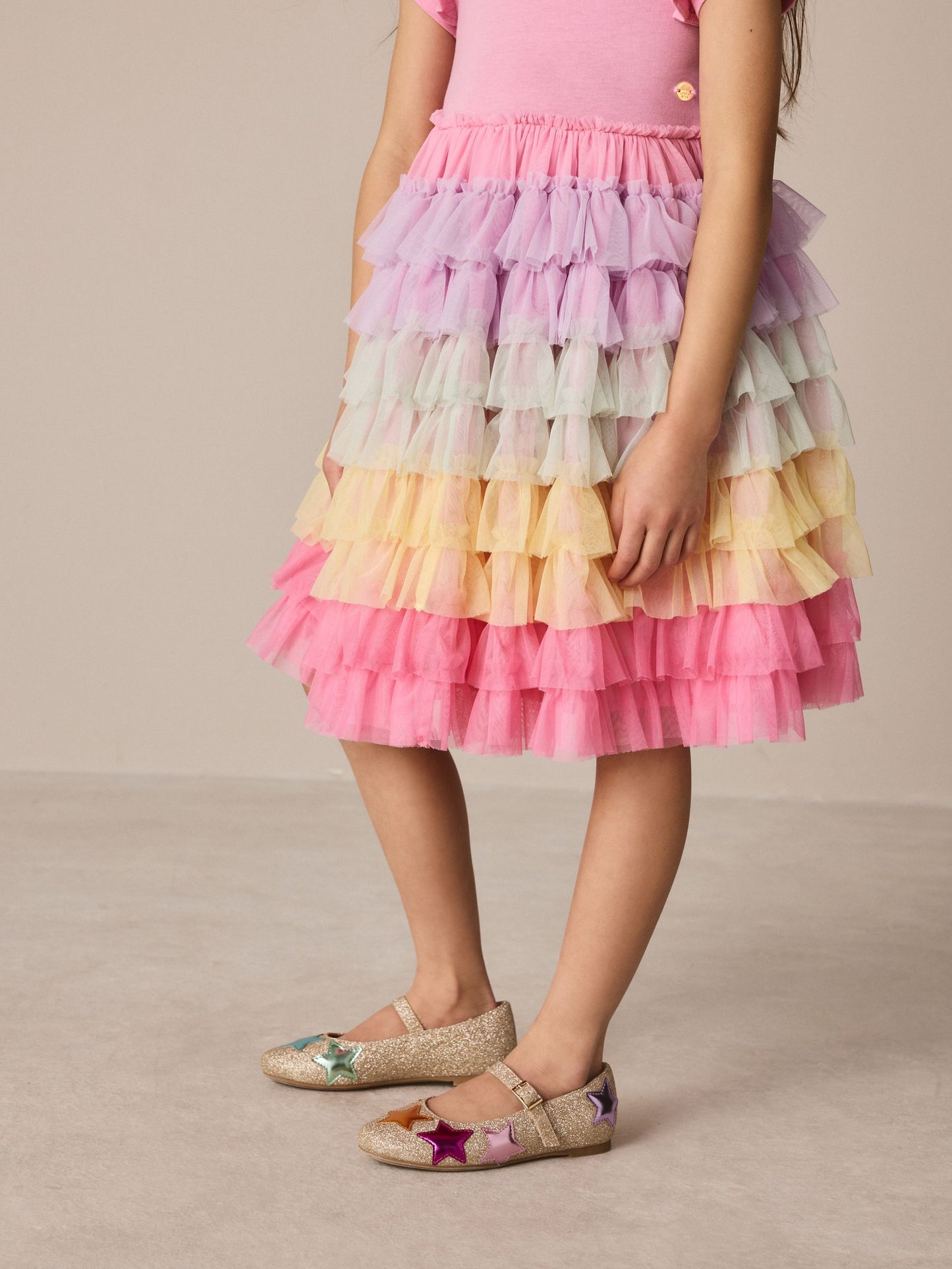 Little Bird by Jools Oliver Light Pink Frill Sleeve Rainbow Tulle Party Tutu Dress image 3