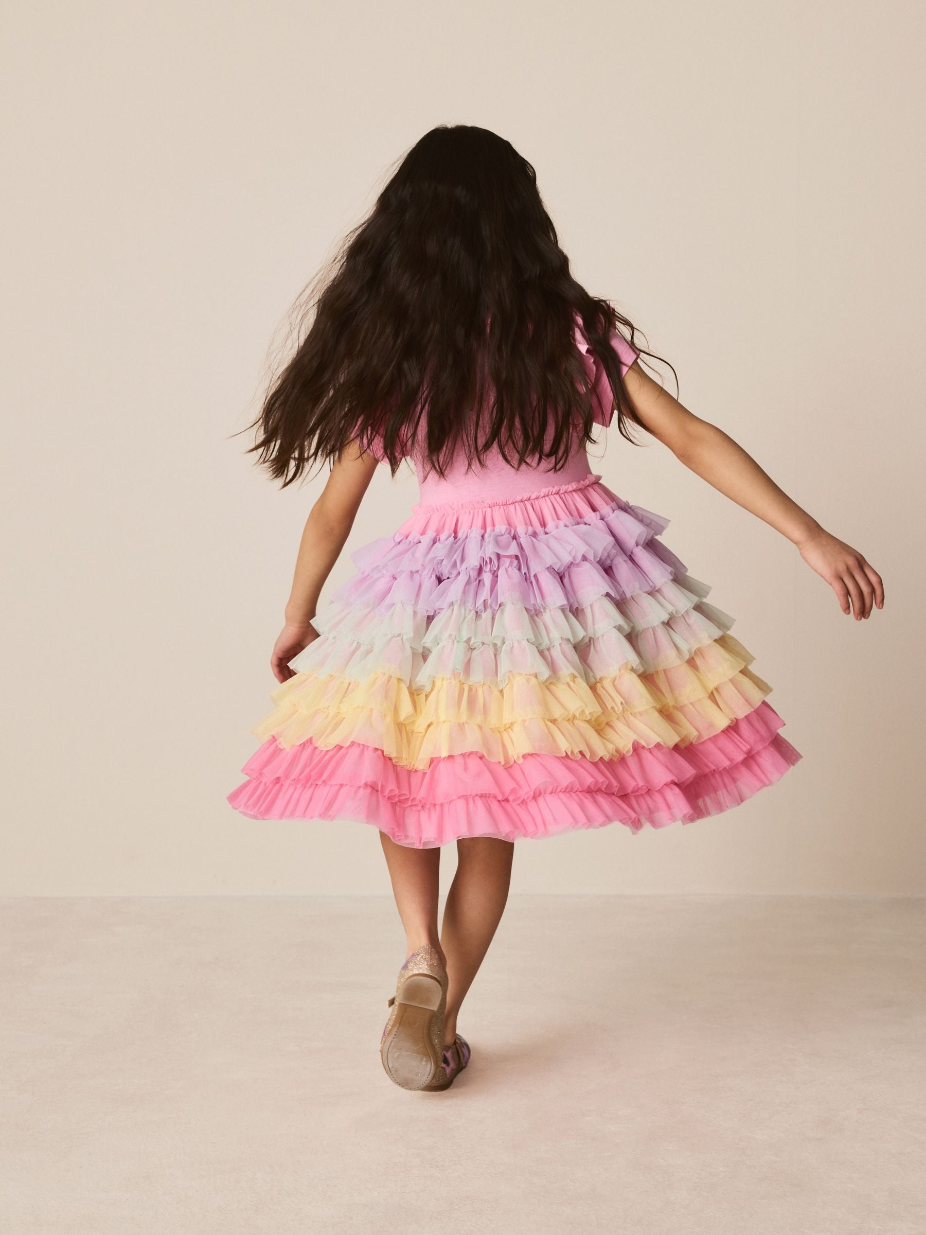 Little Bird by Jools Oliver Light Pink Frill Sleeve Rainbow Tulle Party Tutu Dress image 4