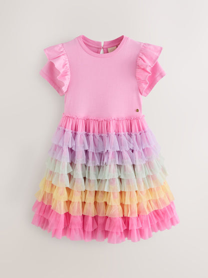 Little Bird by Jools Oliver Light Pink Frill Sleeve Rainbow Tulle Party Tutu Dress image 7